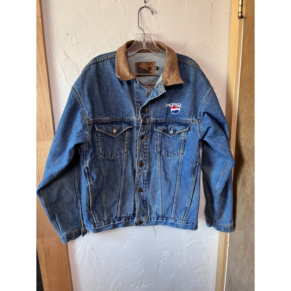 Vintage Canada Sportswear Pepsi Denim Jacket Leather Collar Mens Medium Blue 90s